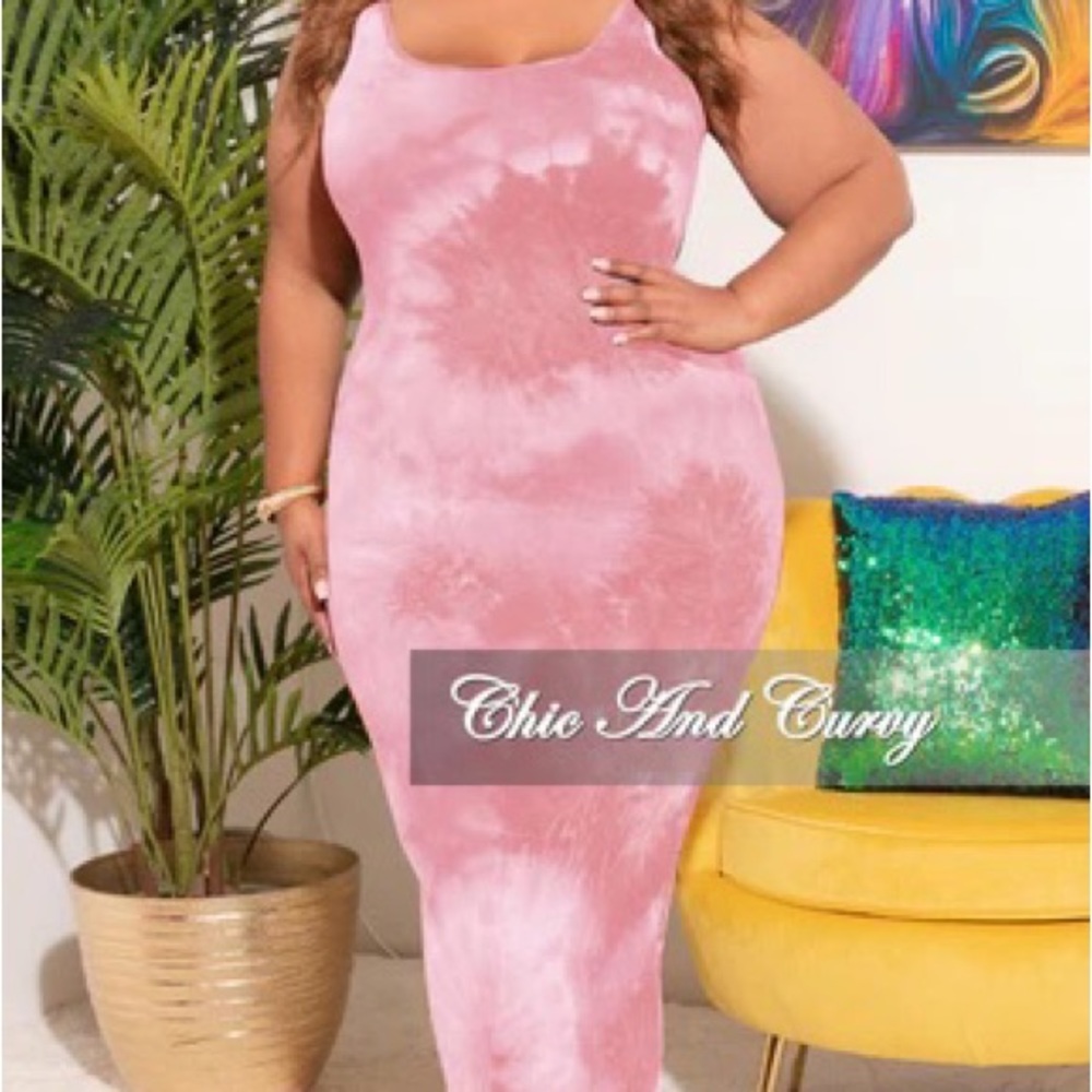 Plus Size Bodycon Maxi Dress in Pink and White Tie Dye